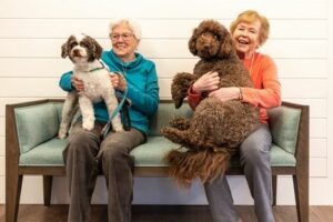 Two women sitting on a bench smiling with their medium sized dogs