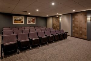 Interior of a movie viewing room with rows of chairs
