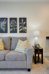 Apartment interior close up on a grey couch and end table