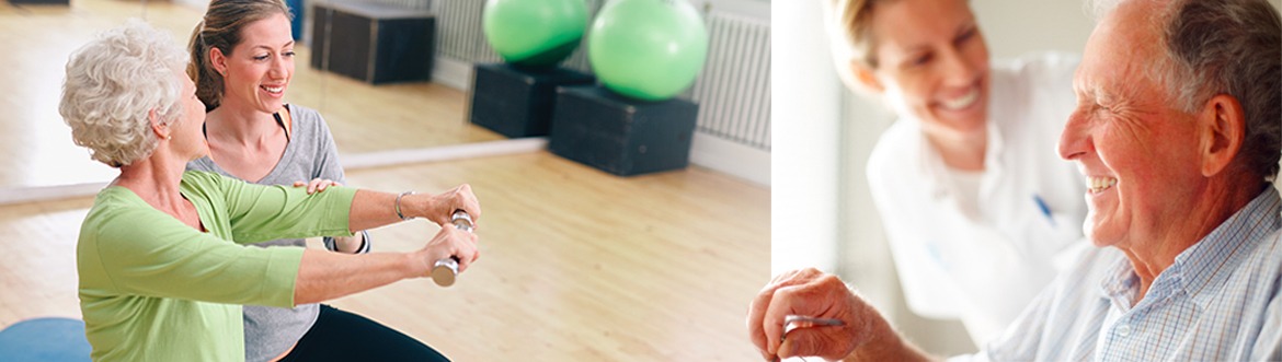 woman and her daughter taking an exercise class and a woman smiling at her father